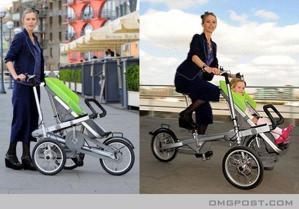 Carrinho de bebë que se transforma em bicicleta.
