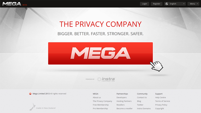Homepage do Mega: serviço oferece gratuitamente 50 GB de espaço na nuvem