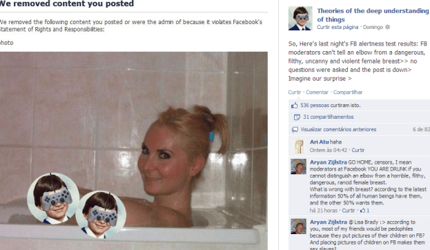 O Facebook confundiu o cotovelo de uma mulher com um seio e excluiu a imagem da rede social.