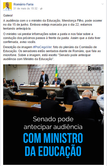 Fanpage do Deputado Romário, uma das fanpages pioneiras no uso da descrição de imagens