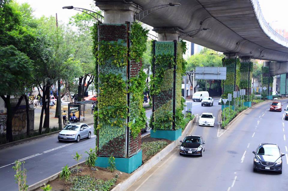 Colunas de viadutos transformadas em jardins verticais