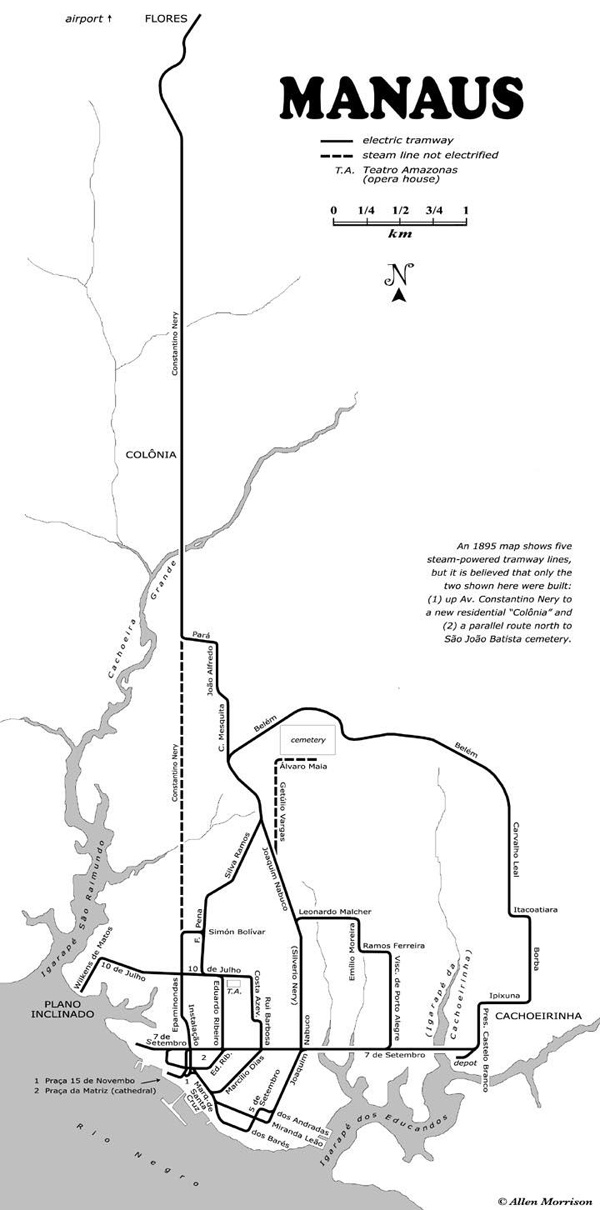 Mapa completo por onde passavam os bondinhos de Manaus