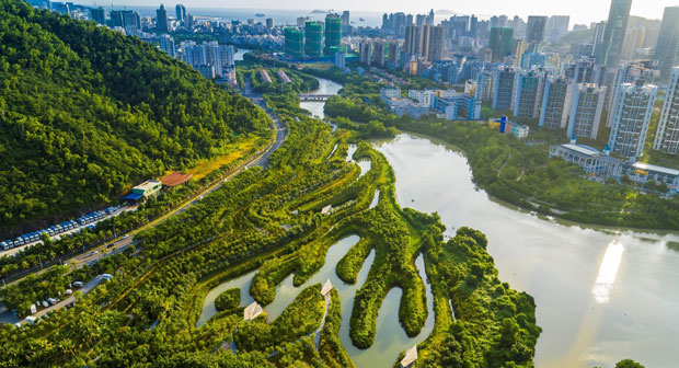 O Rio Yongningantes da construção de um parque alagável na cidade chinesa de Taizhou — Foto: Turenscape/Divulgação