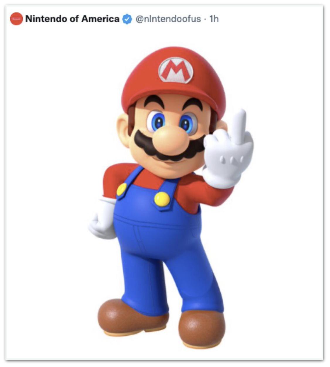 Conta fake da Nintendo postou personagem Mario Bros mostrando dedo médio Reprodução/Twitter