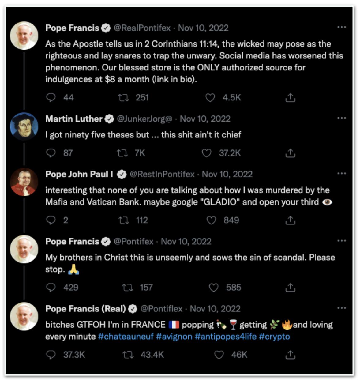 Usuários criaram suposta interação entre Papas da Igreja Católica Apostólica Romana e Martin Luthero, precursor do protestantismo Reprodução/Twitter