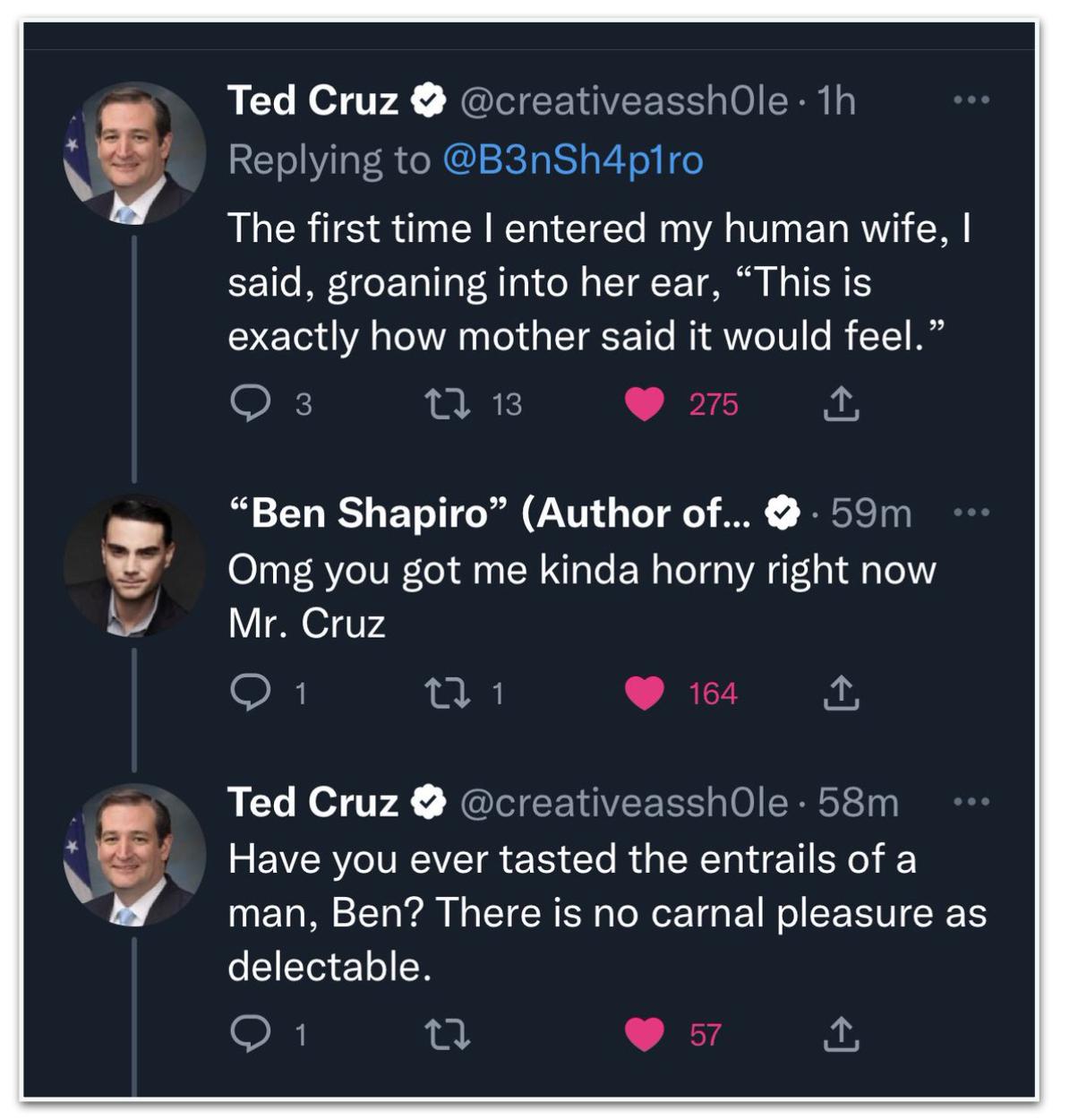 Ben Shapiro e Ted Cruz também fizeram interação de assuntos íntimos Reprodução/Twitter
