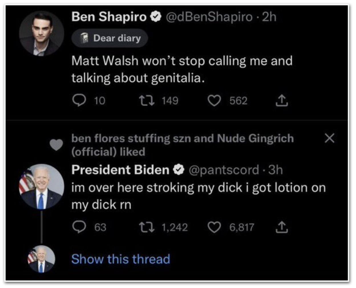 Contas fakes de Joe Biden e Ben Shapiro publicaram conteúdos adultos durante a semana Reprodução/Twitter