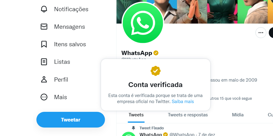 Conta verificada do Whatsapp no Twitter selo Amarelo