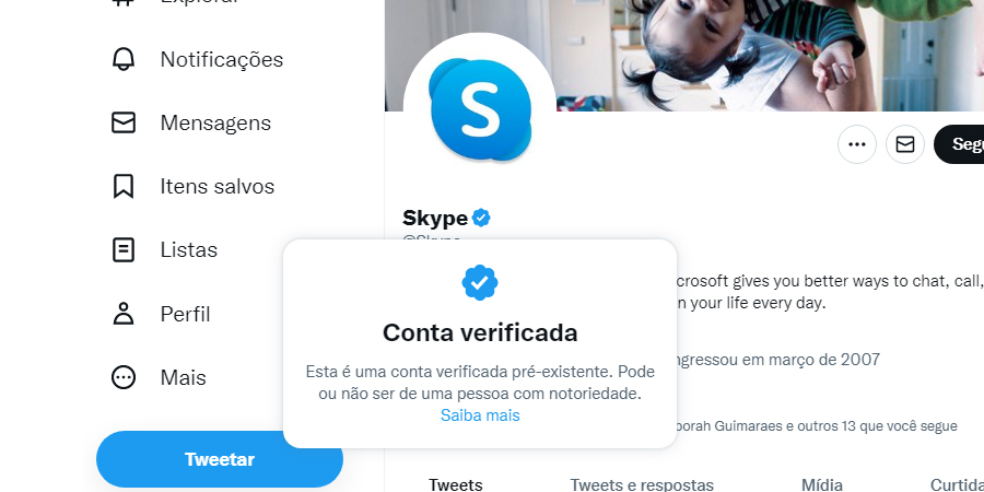 Conta verificada do Skype no Twitter selo Azul